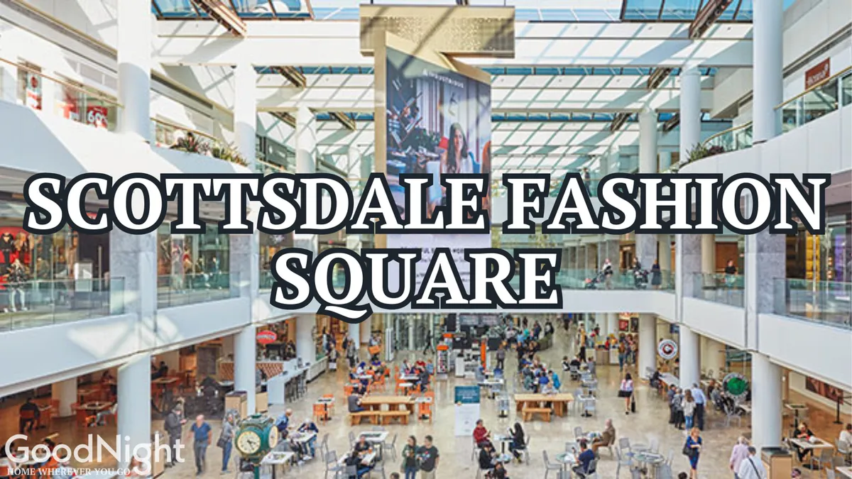 A spacious, modern shopping and dining complex filled with light from skylights, open seating areas, and storefronts. People are visible shopping, dining, and socializing, reflecting the lively atmosphere of Scottsdale's Fashion Square and nearby attractions.